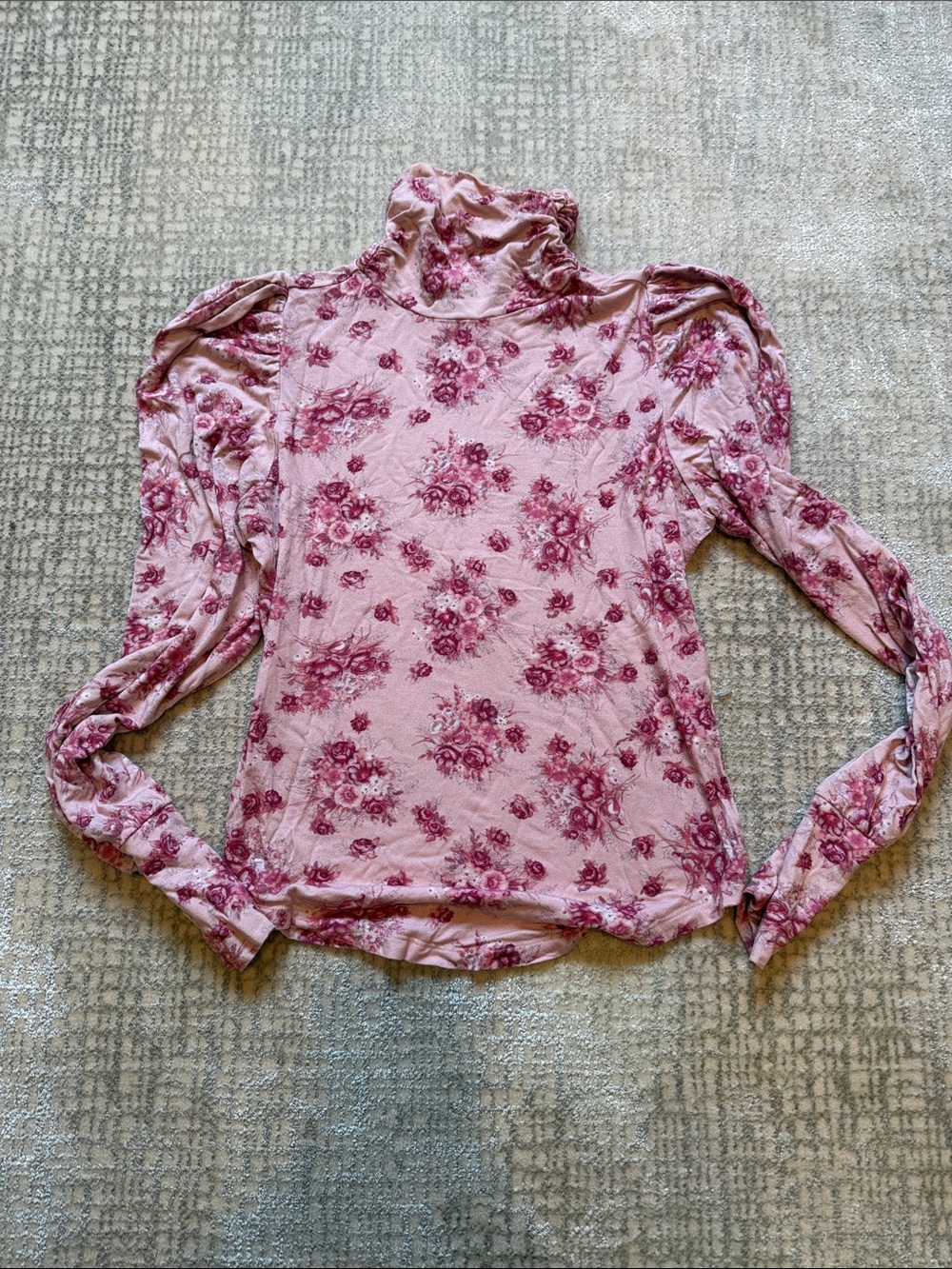 LoveShackFancy Pink Rose-Print Ruffle Mock Neck Long Sleeve Top